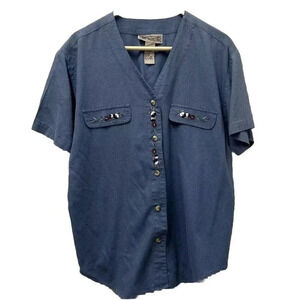 Vintage Silk Exchange Womens M Blouse Blue 100% Silk Button‎ Up Grannycore Retro